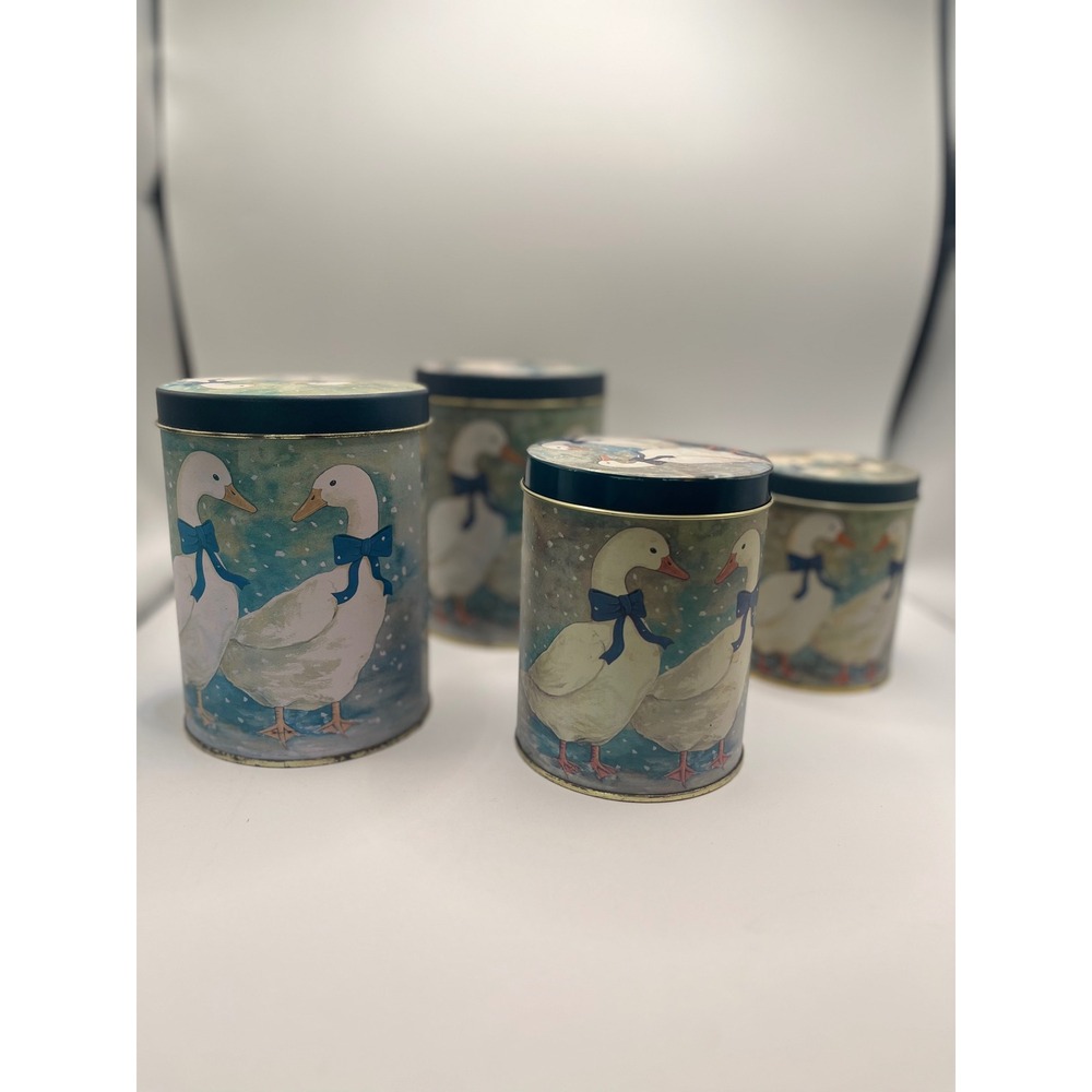 Vintage Country Goose Nesting Canister Set of 4 Blue Bow Duck Tins Snowy Scene
